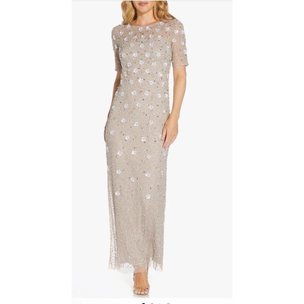 Adrianna Papell Beaded Evening Gown 3D Floral Embellishments Sz 4 NEW $329 READ